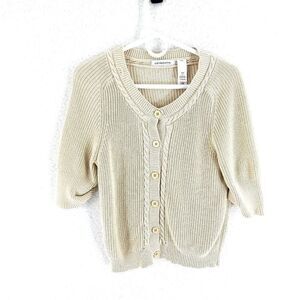 Liz Claiborne Tan Cable Knit Sweater Medium 8/10 Cotton‎ Button Butterfly Sleeve